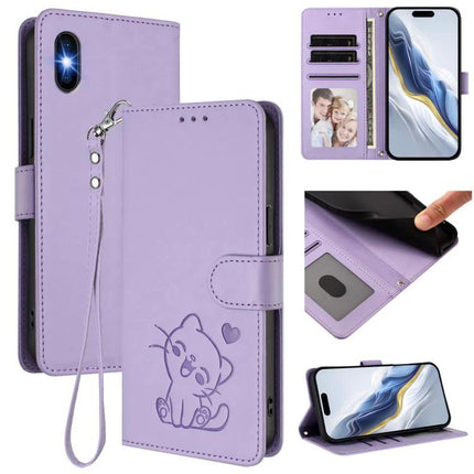 Embossed Heart Cat Leather Phone Case for Everyday Use - purple PU TPU wallet case with embossed cat, card slots, stand and wrist strap