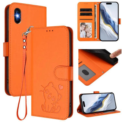 Embossed Heart Cat Leather Phone Case for Everyday Use - orange PU/TPU wallet case with embossed cat, card slots, cash pocket and kickstand