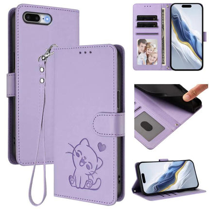 Stylish Leather Phone Case With Built In Card Slots For Everyday Protection And Daily Use - lavender wallet folio with wrist strap, stand, card slots, cat print