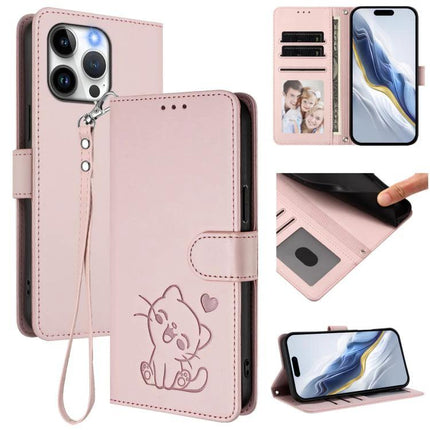 Embossed Cat Heart Leather Phone Case With Card Slot For Everyday Protection Daily Use - pink wallet case with cat embossing, card slots, wrist strap, and stand
