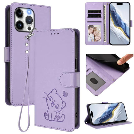 Leather Cat Design Phone Case With Card Slots purple wallet case with cat motif, card slots, cash compartment, hand strap and kickstand