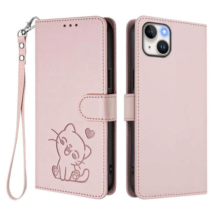 Leather Phone Case With Strap For Everyday Use - slim pink wallet case with hand strap, cat embossing and kickstand for commuting and video calls