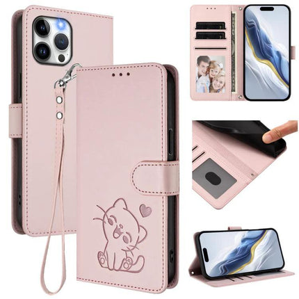 Leather Phone Case With Card Slots For Everyday Use - pink PU wallet case with card slots, stand and wrist strap featuring embossed cat design