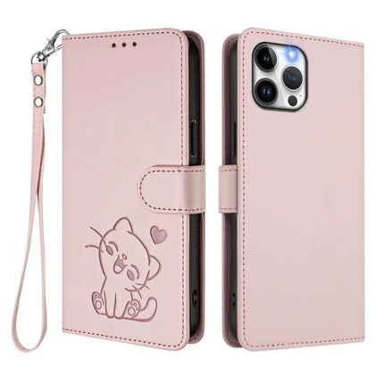Pink wallet-style Leather Phone Case With Card Slots For Everyday Use with wrist strap and embossed kitten design