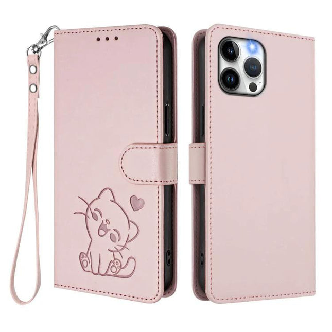 Pink wallet-style Leather Phone Case With Card Slots For Everyday Use with wrist strap and embossed kitten design