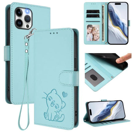 Leather Phone Case With Card Slots For Everyday Use - teal PU wallet case with cat design, wrist strap, card slots, built-in stand