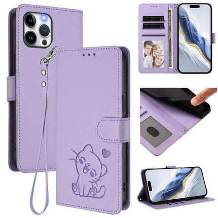 Leather Phone Case With Card Slots For Everyday Use purple PU wallet case with wrist strap, card slots, stand, and cute cat embossing