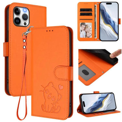 Leather Phone Case With Card Slots For Everyday Use - orange PU wallet case with wrist strap, card slots, stand and cat embossing