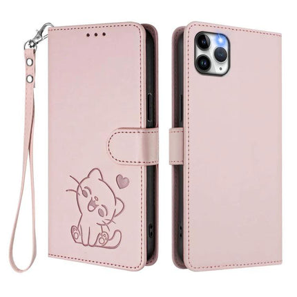 Essential Phone Case With Card Storage - pink PU wallet case with wrist strap and cute cat embossing