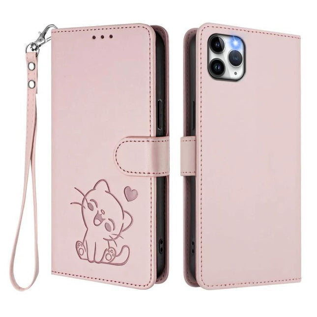 Essential Phone Case With Card Storage - pink PU wallet case with wrist strap and cute cat embossing