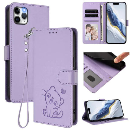 Essential Phone Case With Card Storage in lavender PU leather wallet case with cat design, wrist strap, card slots and kickstand