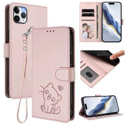 Cat Embossed Leather Phone Case With Card Slots in pink PU leather with wrist strap, card slots, cash pocket and stand feature