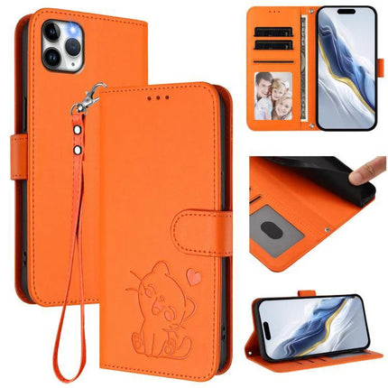 Cat Embossed Leather Phone Case With Card Slots in orange PU leather with wrist strap, card slots, cash pocket and embossed cat design