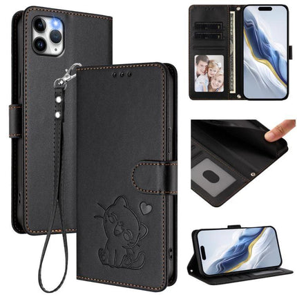Cat Embossed Leather Phone Case With Card Slots - black PU leather wallet case with cat embossing, wrist strap, card slots and kickstand