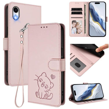 Embossed Heart Cat Leather Phone Case for Everyday Use - pink PU TPU wallet case with card slots, wrist strap, stand and embossed cat design