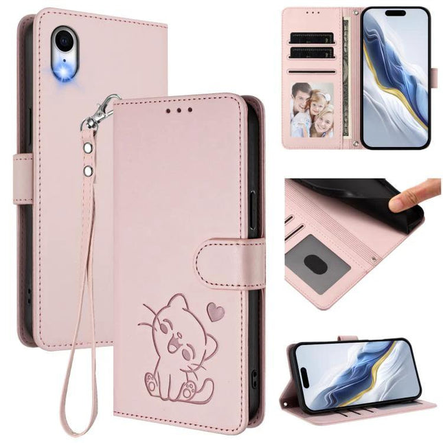 Embossed Heart Cat Leather Phone Case for Everyday Use - pink PU TPU wallet case with card slots, wrist strap, stand and embossed cat design