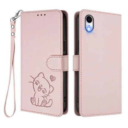 Embossed Heart Cat Leather Phone Case for Everyday Use - pink PU TPU wallet case with card slots, stand and wrist strap