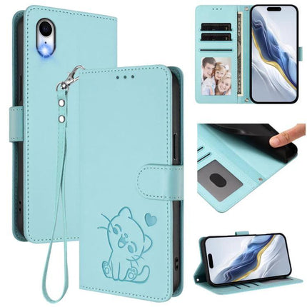 Embossed Heart Cat Leather Phone Case for Everyday Use in aqua with card slots, wrist strap, built-in stand and embossed cat design