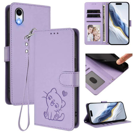 Embossed Heart Cat Leather Phone Case for Everyday Use - lilac PU TPU wallet case with embossed kitten, card slots, cash compartment and viewing stand