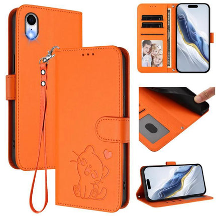 Embossed Heart Cat Leather Phone Case for Everyday Use - orange PU wallet case with embossed cat, card slots, stand and wrist strap