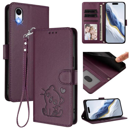 Embossed Heart Cat Leather Phone Case for Everyday Use – purple PU wallet case with embossed cat, card slots, cash pocket and kickstand