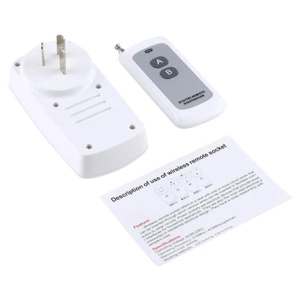 Wireless Remote Control Socket for Home Device Management white plug and two-button remote with instruction leaflet