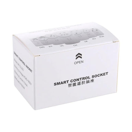 Wireless Remote Control Socket for Home Device Management white retail box showing smart control socket packaging