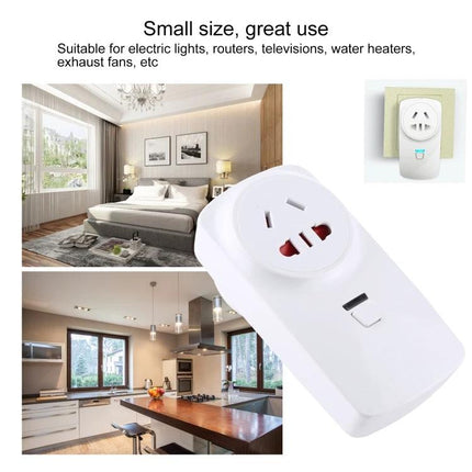 Wireless Remote Control Socket for Home Device Management white plug shown in bedroom and kitchen setting, ideal for lights and appliances