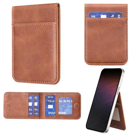 Magnetic Card Holder for Phone with Multiple Slots in brown leather showing front, back, open card storage and attached to phone