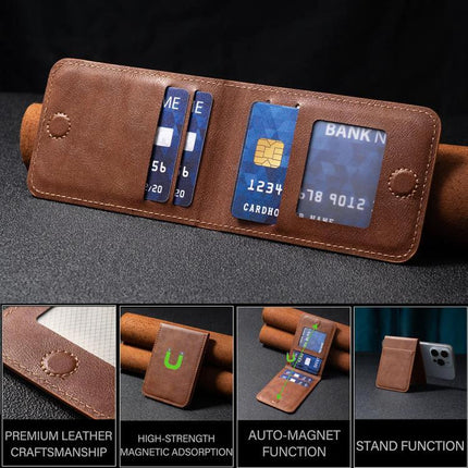 Magnetic Card Holder for Phone with Multiple Slots attached to leather phone wallet showing multiple card pockets and magnetic stand function