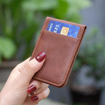 Magnetic Card Holder for Phone with Multiple Slots - brown leather wallet-style card holder attached to phone case showing credit card
