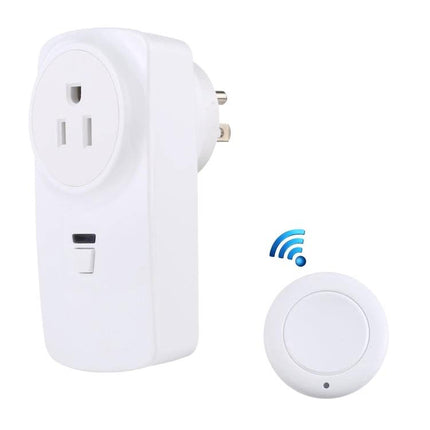 Wireless Smart Socket with Remote Control for International Plugs showing white socket adapter and round remote for home appliance control