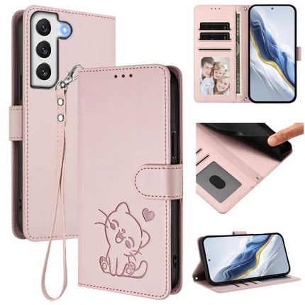 Protective Phone Case With Hand Strap For Daily Outings, Secure Grip On The Go Everyday - pink PU wallet case with card slots, wrist strap and cat design