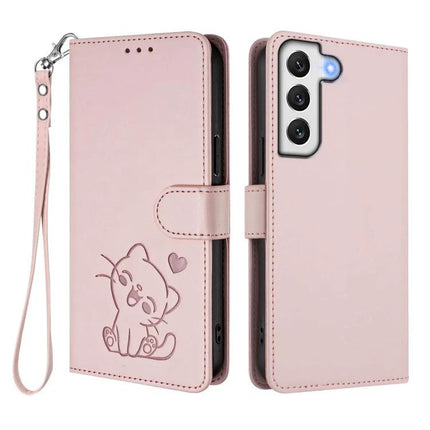 Protective Phone Case With Hand Strap For Daily Outings, Secure Grip On The Go Everyday - pink PU wallet case with card slots and cat design