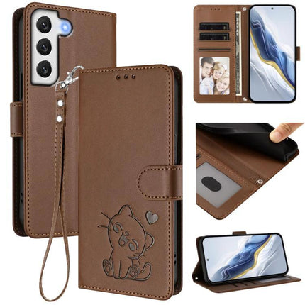 Protective Phone Case With Hand Strap For Daily Outings, Secure Grip On The Go Everyday brown PU wallet case with card slots and cat design