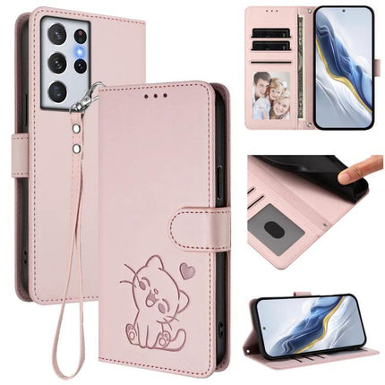 Protective Phone Case With Hand Strap For Daily Outings, Secure Grip On The Go Everyday - pink PU wallet case with card slots, wrist strap, cat design