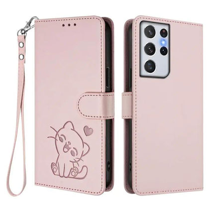 Embossed Heart Leather Phone Wallet Case With Wrist Strap
