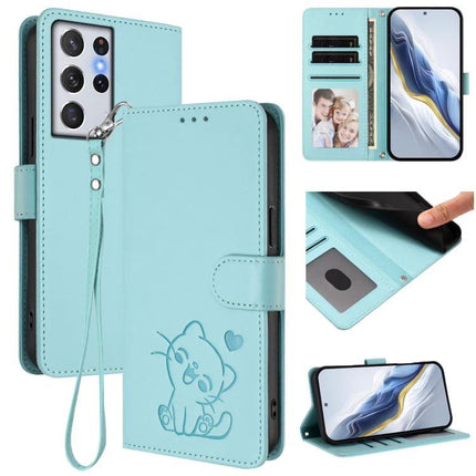 Protective Phone Case With Hand Strap For Daily Outings, Secure Grip On The Go Everyday - teal PU wallet case with card slots and cat design