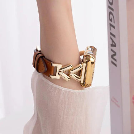 Adjustable 22mm V-Shaped Hybrid Metal Leather Watch Band