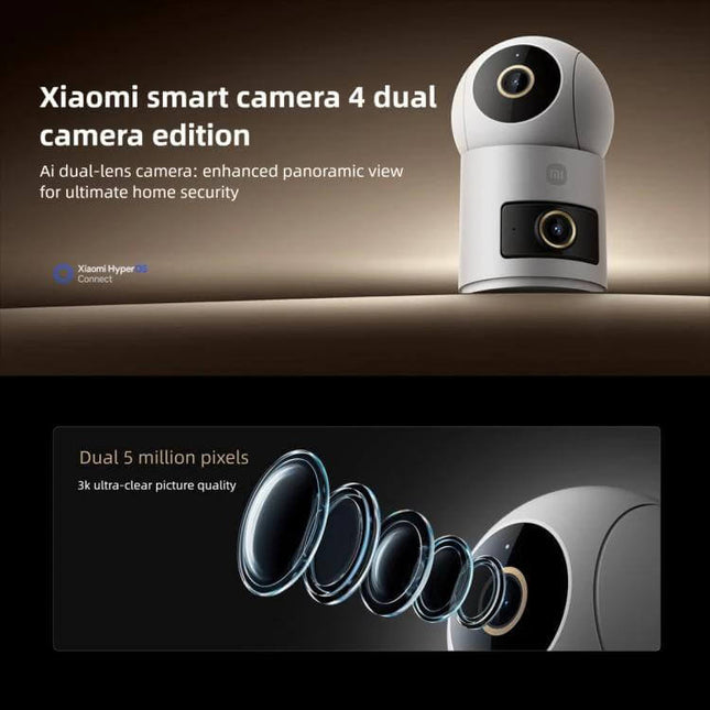 Xiaomi Mijia Dual Lens Smart Camera for Comprehensive Home Monitoring showing dual-lens 360° rotation, clear footage, mobile alerts and pet/intruder surveillance