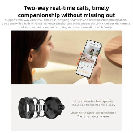 Xiaomi Mijia Dual Lens Smart Camera for Comprehensive Home Monitoring showing two-way real-time calls on mobile app and large speaker components