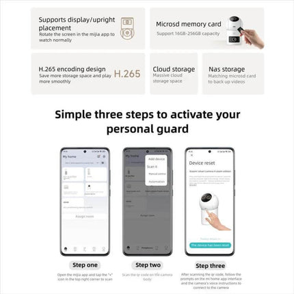 Xiaomi Mijia Dual Lens Smart Camera for Comprehensive Home Monitoring app setup steps with dual-lens 360° rotation, microSD, cloud and NAS storage