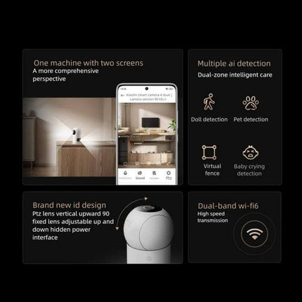 Xiaomi Mijia Dual Lens Smart Camera for Comprehensive Home Monitoring showing dual screens, AI detection icons, PTZ design and mobile app preview