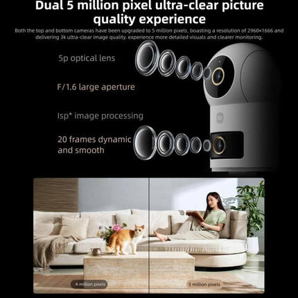 Xiaomi Mijia Dual Lens Smart Camera for Comprehensive Home Monitoring showing dual 5MP lenses, 360° rotation and split-screen pet monitoring image