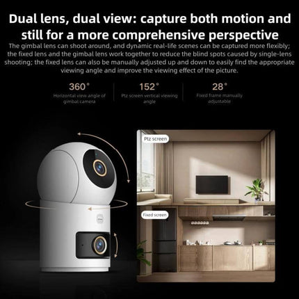 Xiaomi Mijia Dual Lens Smart Camera for Comprehensive Home Monitoring showing dual-lens 360° rotation and 152° vertical view demo