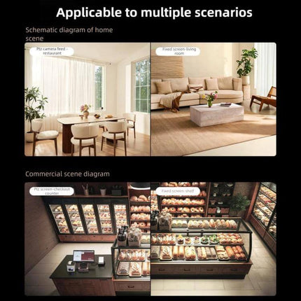 Xiaomi Mijia Dual Lens Smart Camera for Comprehensive Home Monitoring showing home living and dining scenes plus commercial bakery display for 360° coverage
