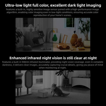 Xiaomi Mijia Dual Lens Smart Camera for Comprehensive Home Monitoring showing full-color low-light and enhanced infrared night vision demos