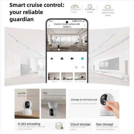 Xiaomi Smart Camera 4K for Home Security and Monitoring showing app live view of living room with 4K monitoring and motion alerts