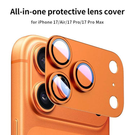 XDcase iPhone Camera Lens Protector Film for Daily Use shown on orange iPhone with metal frame and tempered glass one-piece protective lens cover