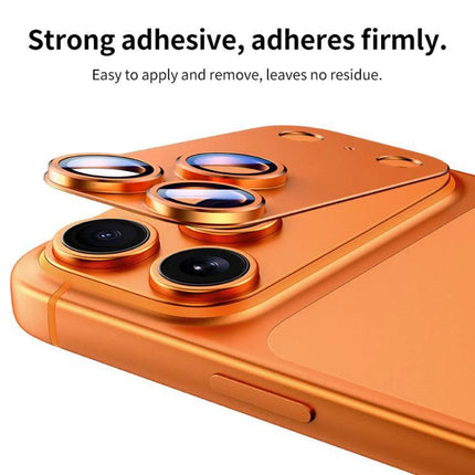 XDcase iPhone Camera Lens Protector Film for Daily Use shown on orange iPhone with metal frame, tempered glass lenses, strong adhesive and scratch protection